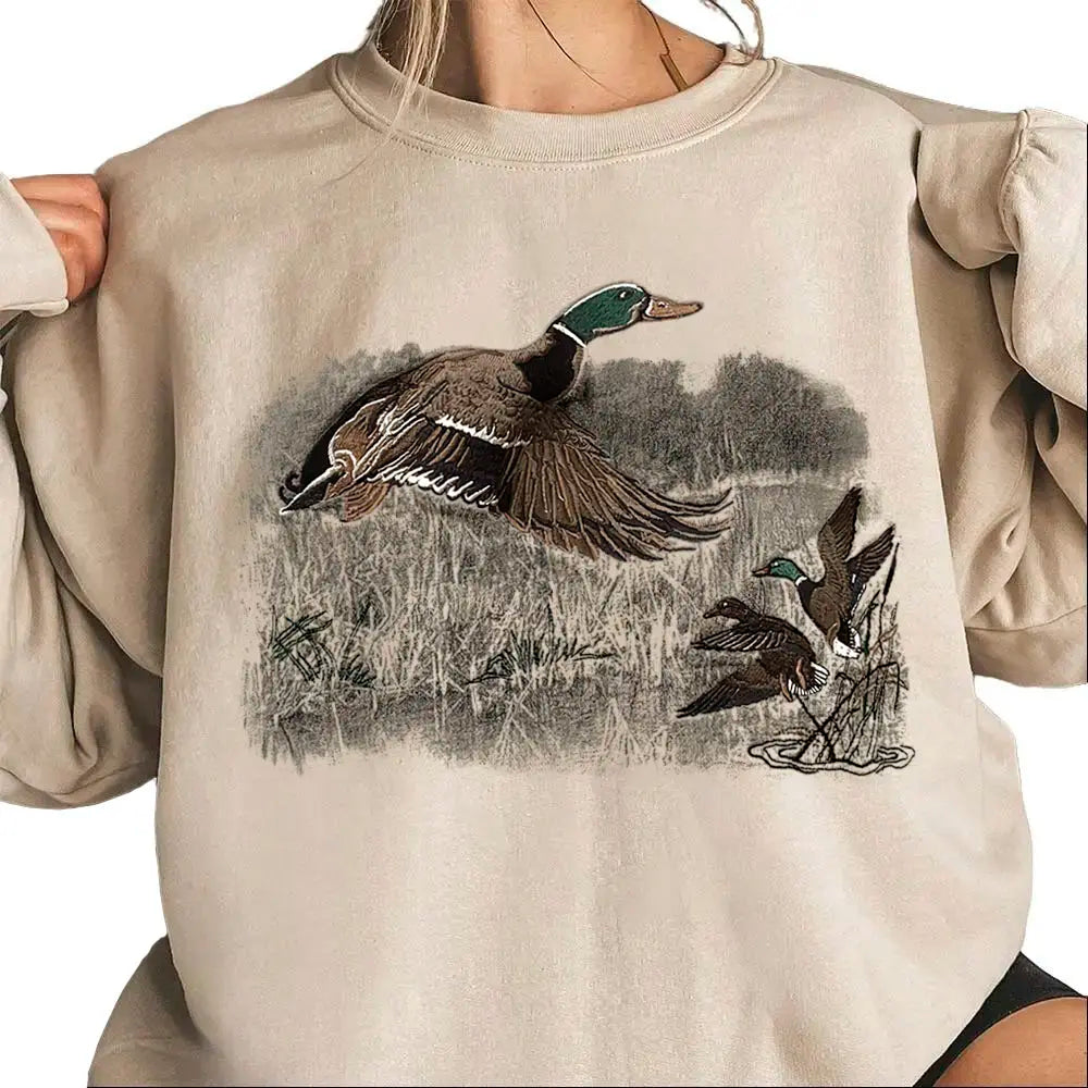 Mallard Duck Vintage Crewneck Sweatshirt - National Hunting Day Retro Hunting Season - Unisex Cotton Apparel Fathersdaygift Womenswear - View 2