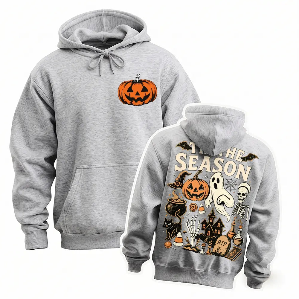 Halloween Spooky Season Graphic Hoodie, Pumpkin Ghost Skeleton Front and Back Print Pullover Sweatshirt, Vintage Horror Long Sleeve Streetwear Hoodie for Halloween Party, Fall and Daily Wear - View 6