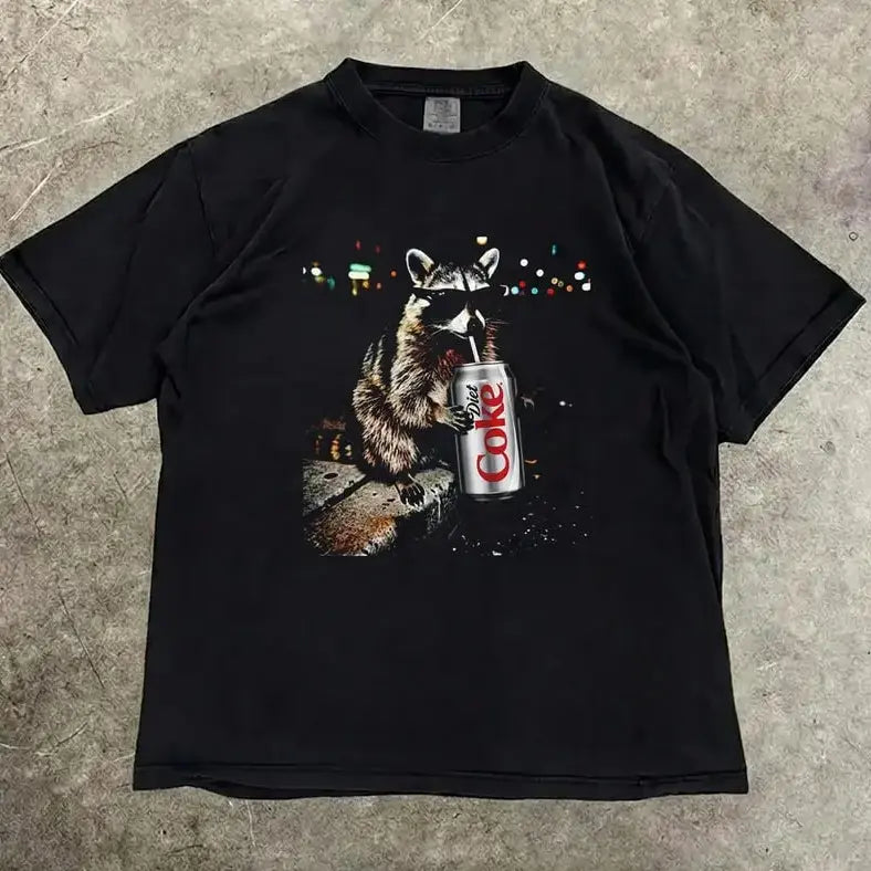 Three Raccoons Diet Coke Comfort Colors T-Shirt with a funny Gen Z dank meme vibe, trendy cotton streetwear top and playful graphic gift for men and women alike. - View 8
