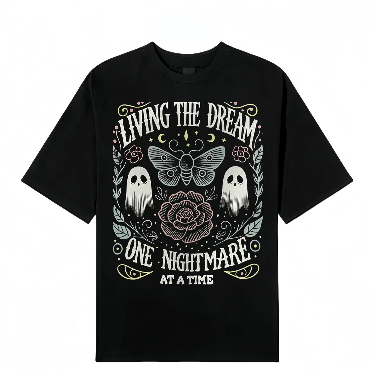Women's Soft Fabric Vintage-Inspired Streetwear Short-Sleeve T-Shirt - "Living The Dream 1 Nightmare At A Time" Graphic, Loose Casual Chic Everyday Tee, Spring Glow Up, Outdoor Fun, Shortsleeve,summerwins,summeroutfits,vacationoutfits,beachoutfits summerv - View 2