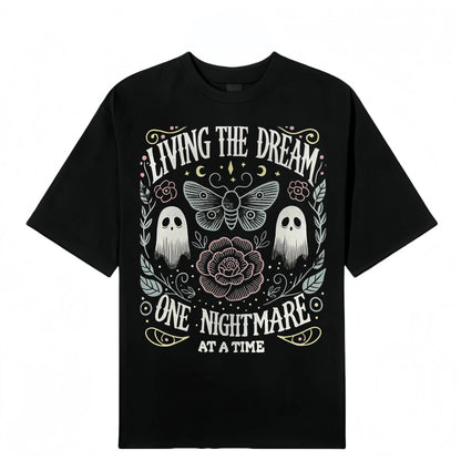 Women's Soft Fabric Vintage-Inspired Streetwear Short-Sleeve T-Shirt - "Living The Dream 1 Nightmare At A Time" Graphic, Loose Casual Chic Everyday Tee, Spring Glow Up, Outdoor Fun, Shortsleeve,summerwins,summeroutfits,vacationoutfits,beachoutfits summerv - View 2