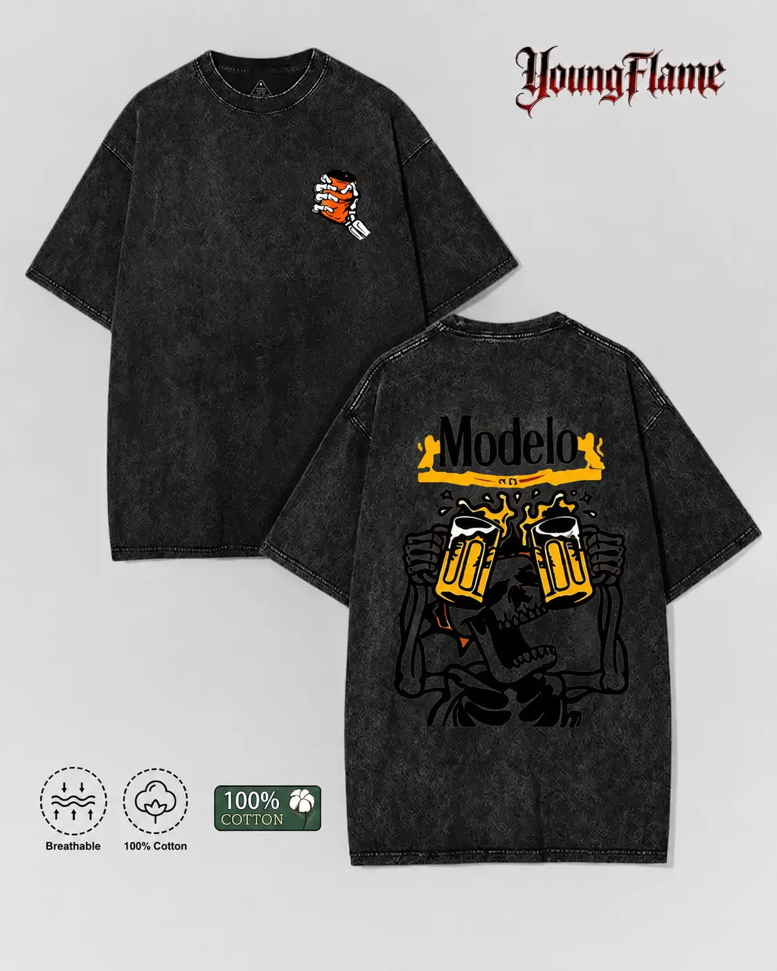 Vintage Acid Wash Skeleton Drinking Beer Graphic Tee Grunge Streetwear Y2K Clothing Oversized Summer Top loose fit casual shirt cotton t-shirt - View 2