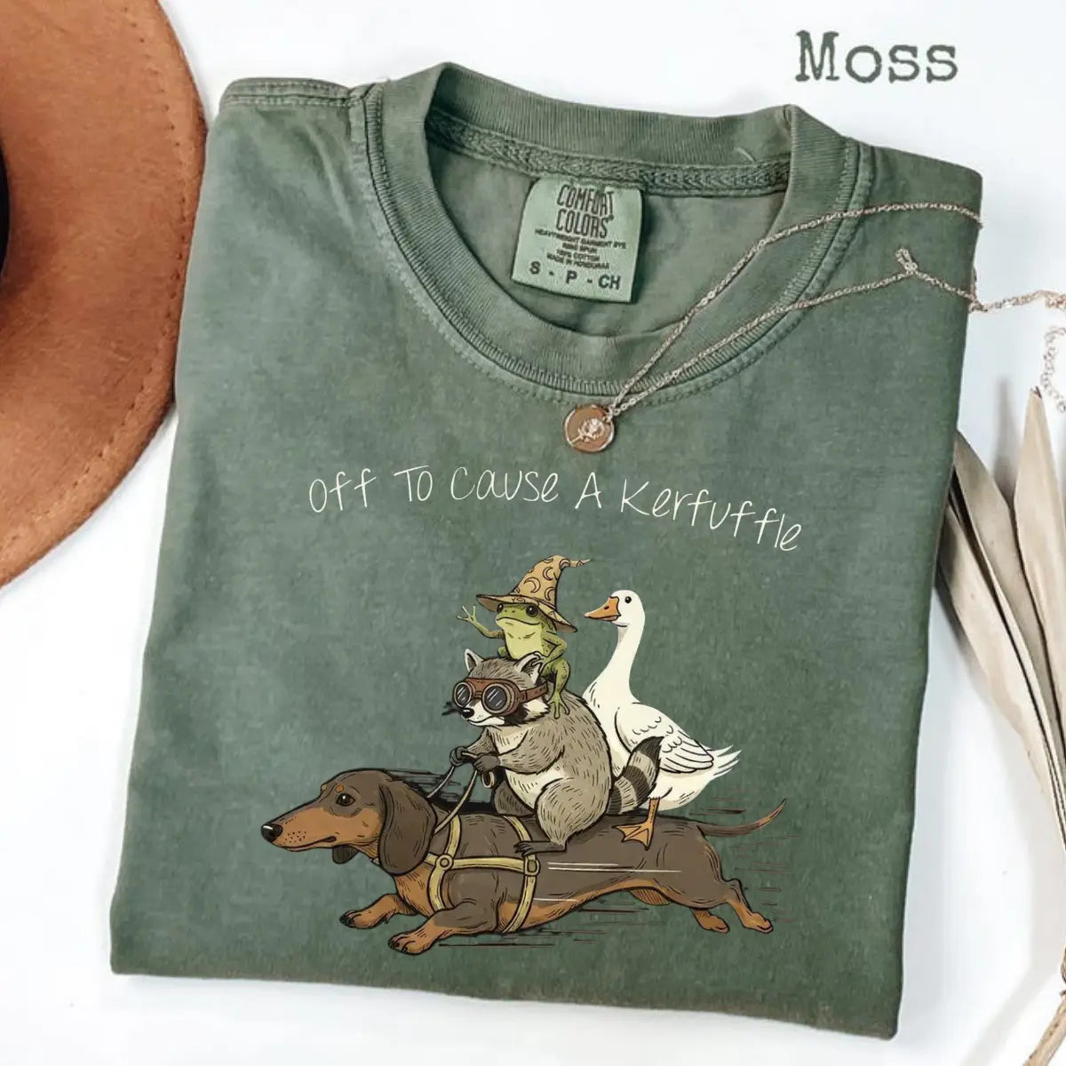 Comfort Colors Off To Cause A Kerfuffle T-Shirt, Funny Dachshund, Frog Meme, Raccoon Tee, Silly Goose, Short Sleeve Unisex T-Shirt - View 1