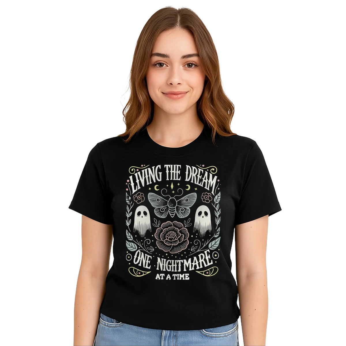 Women's Soft Fabric Vintage-Inspired Streetwear Short-Sleeve T-Shirt - "Living The Dream 1 Nightmare At A Time" Graphic, Loose Casual Chic Everyday Tee, Spring Glow Up, Outdoor Fun, Shortsleeve,summerwins,summeroutfits,vacationoutfits,beachoutfits summerv - View 4