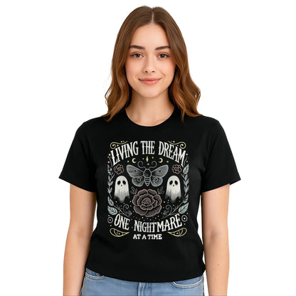 Women's Soft Fabric Vintage-Inspired Streetwear Short-Sleeve T-Shirt - "Living The Dream 1 Nightmare At A Time" Graphic, Loose Casual Chic Everyday Tee, Spring Glow Up, Outdoor Fun, Shortsleeve,summerwins,summeroutfits,vacationoutfits,beachoutfits summerv - View 4