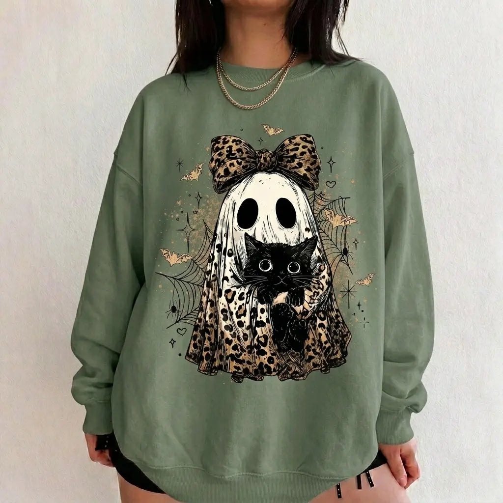 Leopard Ghost Cat Halloween Sweatshirt, Cute Spooky Black Cat Graphic Shirt, Coquette Bow Ghost Fall Outfit - View 17