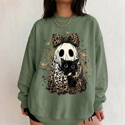 Leopard Ghost Cat Halloween Sweatshirt, Cute Spooky Black Cat Graphic Shirt, Coquette Bow Ghost Fall Outfit - View 17