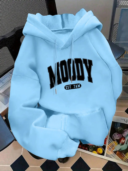 Women's Fashion Hoodie Moody Est 7amk Letter Print Kangaroo Pocket, Casual Long Sleeve Sweatshirt for Fall & Winter, Daily Wear, Casual Hooded Sweatshirts, Everyday - View 5