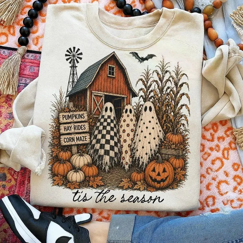 Tis The Season Ghost Trio Sweatshirt, Pumpkin Patch Ghosts Shirt, Farmhouse Halloween Shirt, Checkered Floral Polka Dot Ghosts, Fall Sweatshirt - View 2
