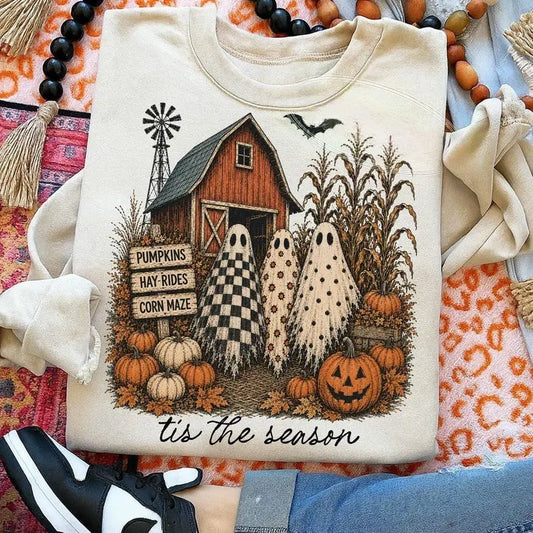 Tis The Season Ghost Trio Sweatshirt, Pumpkin Patch Ghosts Shirt, Farmhouse Halloween Shirt, Checkered Floral Polka Dot Ghosts, Fall Sweatshirt - View 2