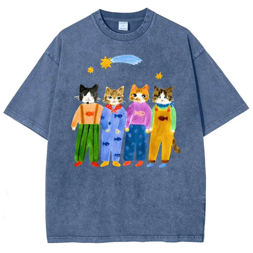 Men's Retro Hand-Painted Funny Cats In Overalls Graphic Vintage 90s Short-Sleeve Round-Neck Unisex Oversized Menswear T-Shirt, Breathable Fabric, Streetwear & Vacation Outfits - View 12