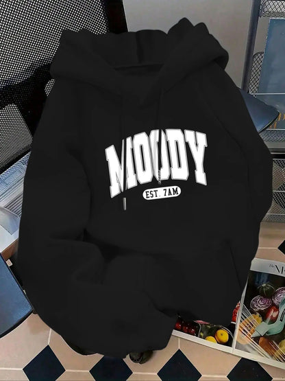 Women's Fashion Hoodie Moody Est 7amk Letter Print Kangaroo Pocket, Casual Long Sleeve Sweatshirt for Fall & Winter, Daily Wear, Casual Hooded Sweatshirts, Everyday - View 12