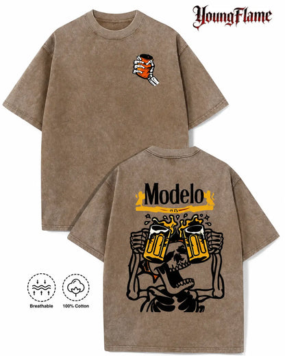 Vintage Acid Wash Skeleton Drinking Beer Graphic Tee Grunge Streetwear Y2K Clothing Oversized Summer Top loose fit casual shirt cotton t-shirt - View 1