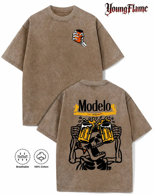 Vintage Acid Wash Skeleton Drinking Beer Graphic Tee Grunge Streetwear Y2K Clothing Oversized Summer Top loose fit casual shirt cotton t-shirt - View 1