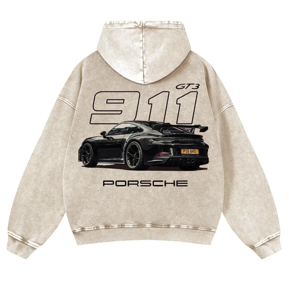 Men's 380g Thick Cotton Hoodie - 911 GT3 Graphic, Vintage Washed, Retro Fade Craft, Long-Sleeves, Unisex Pullover Tops, Soft Fabric, Street Wear Menswear Sweatshirts, Casual Warm - View 5
