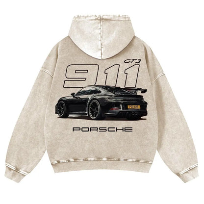 Men's 380g Thick Cotton Hoodie - 911 GT3 Graphic, Vintage Washed, Retro Fade Craft, Long-Sleeves, Unisex Pullover Tops, Soft Fabric, Street Wear Menswear Sweatshirts, Casual Warm - View 5