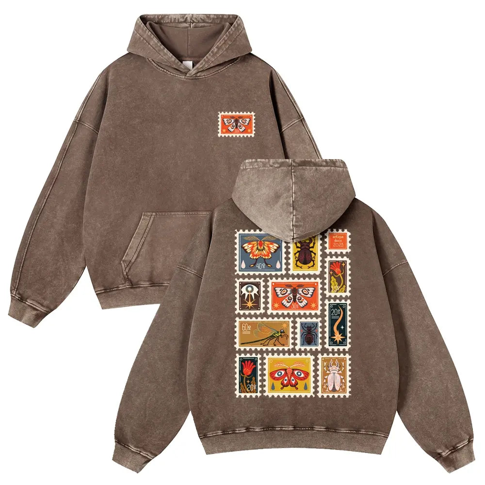 Unisex 380g Washed Brown Vintage Insect Stamp Print Cotton Pullover Hoodie - Soft, Oversize, Casual Longsleeves Tops, Vintage Clothing, 3XL Menswear Autumn Apparel, Cold Wash Compatible - View 1
