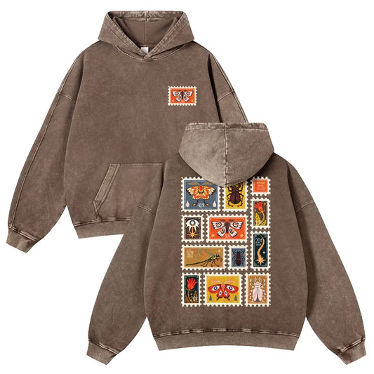 Unisex 380g Washed Brown Vintage Insect Stamp Print Cotton Pullover Hoodie - Soft, Oversize, Casual Longsleeves Tops, Vintage Clothing, 3XL Menswear Autumn Apparel, Cold Wash Compatible - View 1