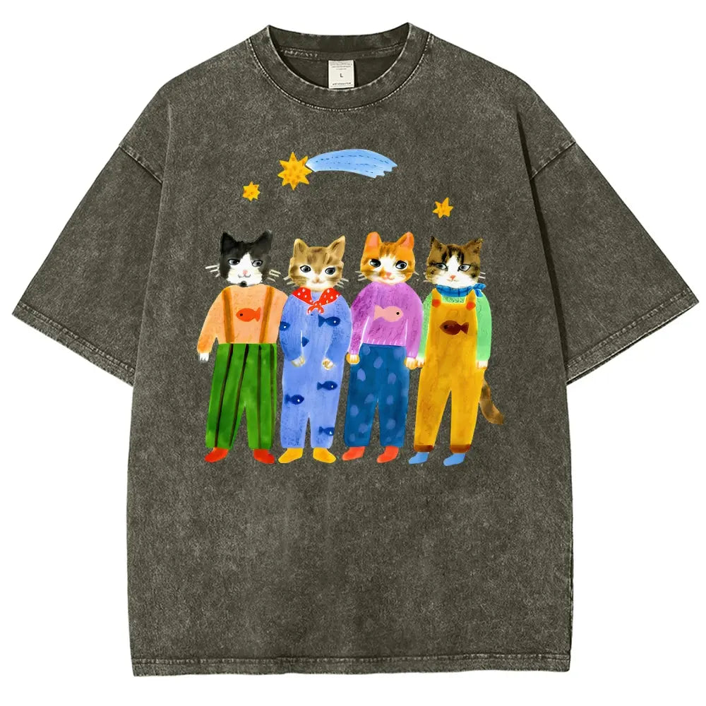 Men's Retro Hand-Painted Funny Cats In Overalls Graphic Vintage 90s Short-Sleeve Round-Neck Unisex Oversized Menswear T-Shirt, Breathable Fabric, Streetwear & Vacation Outfits - View 9
