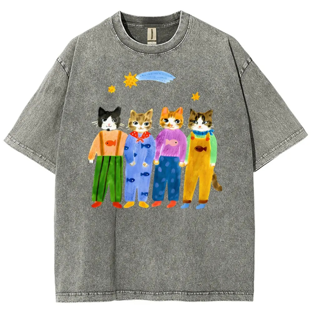 Men's Retro Hand-Painted Funny Cats In Overalls Graphic Vintage 90s Short-Sleeve Round-Neck Unisex Oversized Menswear T-Shirt, Breathable Fabric, Streetwear & Vacation Outfits - View 10