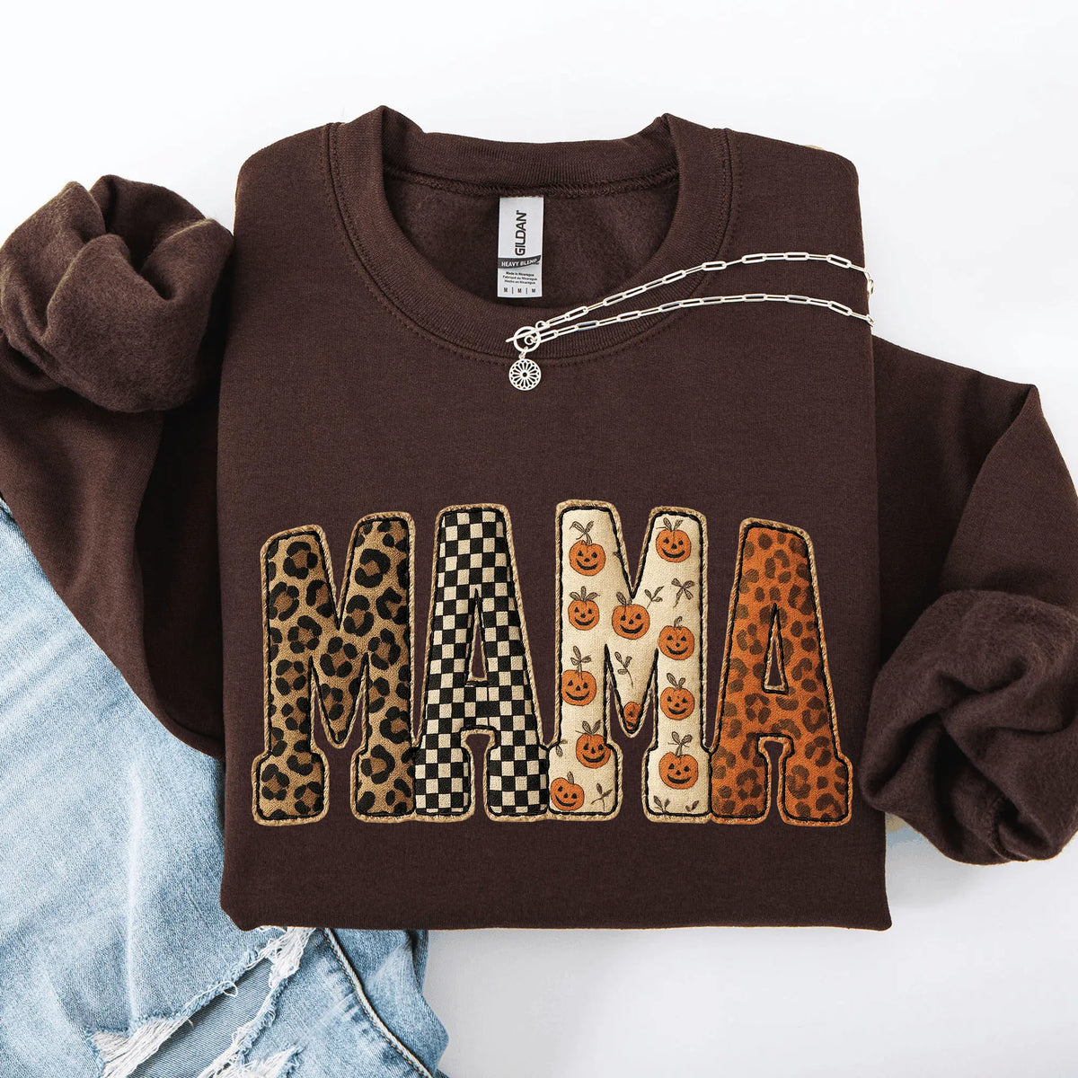 Mama, Printed Halloween Pattern, Leopard Print, Checkered, Pumpkin Sweatshirt, Spooky, Witch, Pumpkin, Halloween, Crew Neck, Women's, Crewneck - View 5