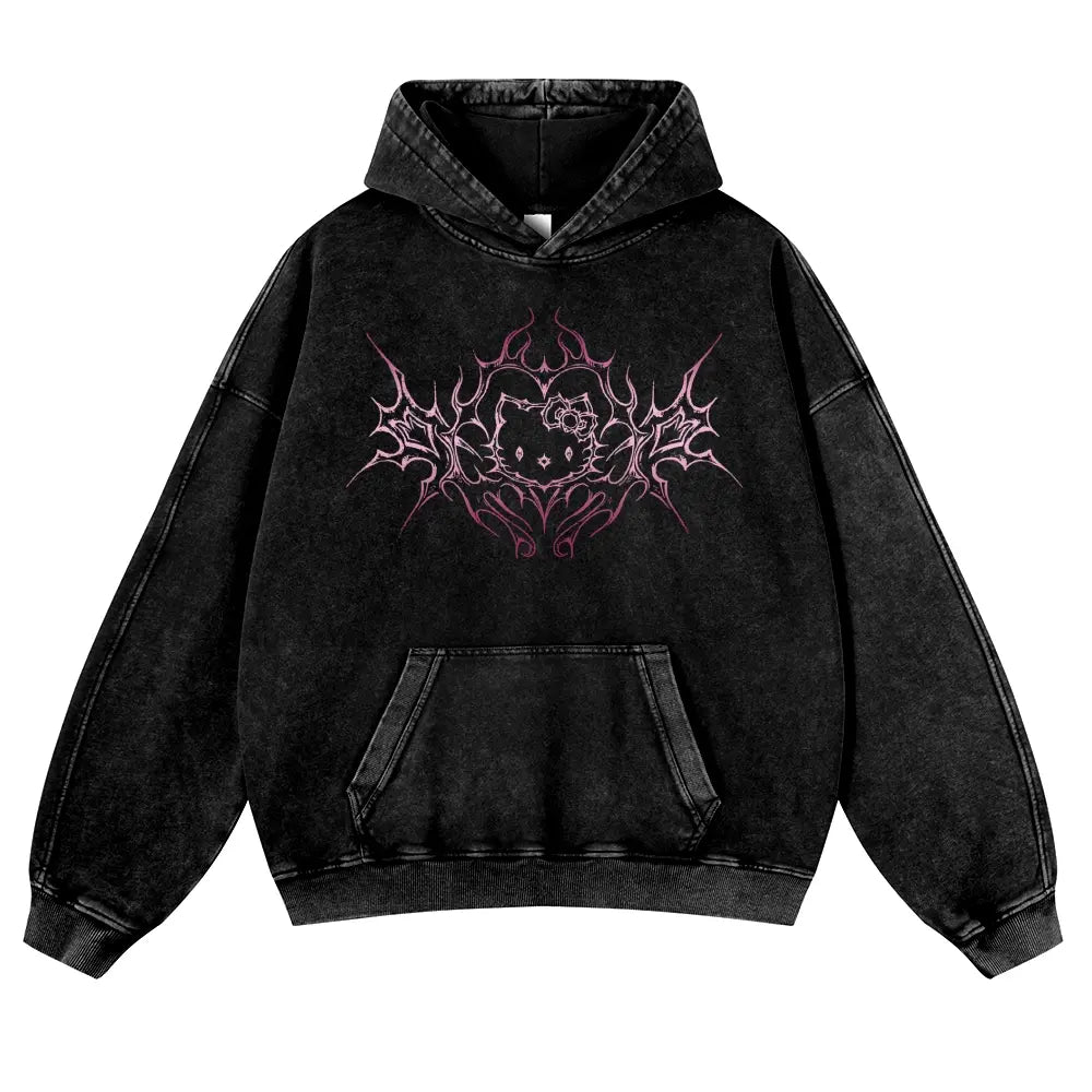 Y2K Dark Aesthetic Cat Pullover Hoodie Kitten 380g Autumn VIntage Washed Hoodie Graphic Sweatshirt,back to school,back to school shopping,clothes for back to school,first day of school outfits - View 1