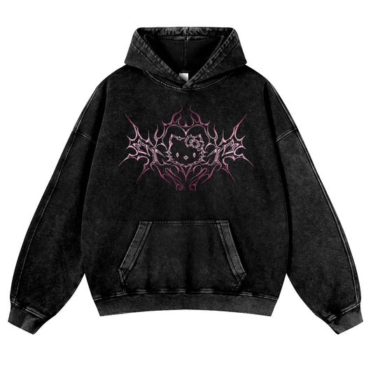 Y2K Dark Aesthetic Cat Pullover Hoodie Kitten 380g Autumn VIntage Washed Hoodie Graphic Sweatshirt,back to school,back to school shopping,clothes for back to school,first day of school outfits - View 1