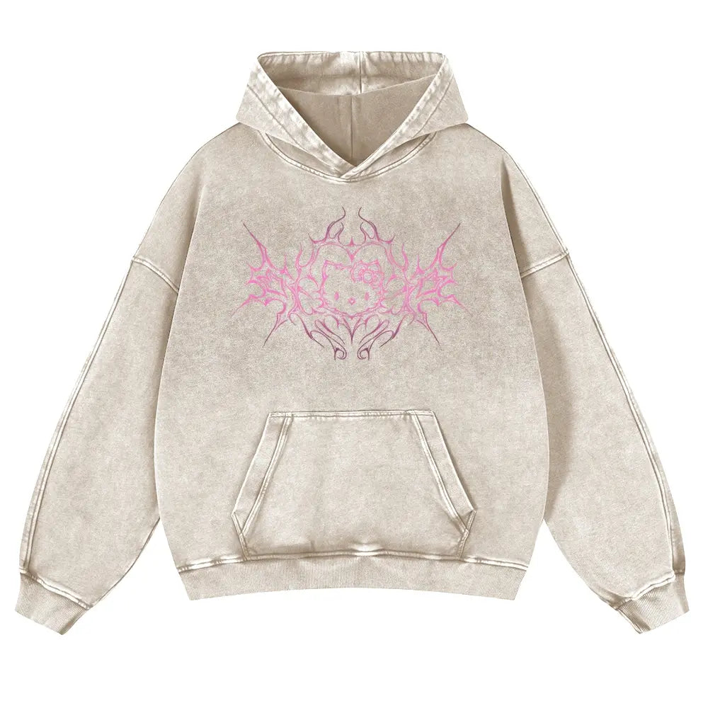 Y2K Dark Aesthetic Cat Pullover Hoodie Kitten 380g Autumn VIntage Washed Hoodie Graphic Sweatshirt,back to school,back to school shopping,clothes for back to school,first day of school outfits - View 2