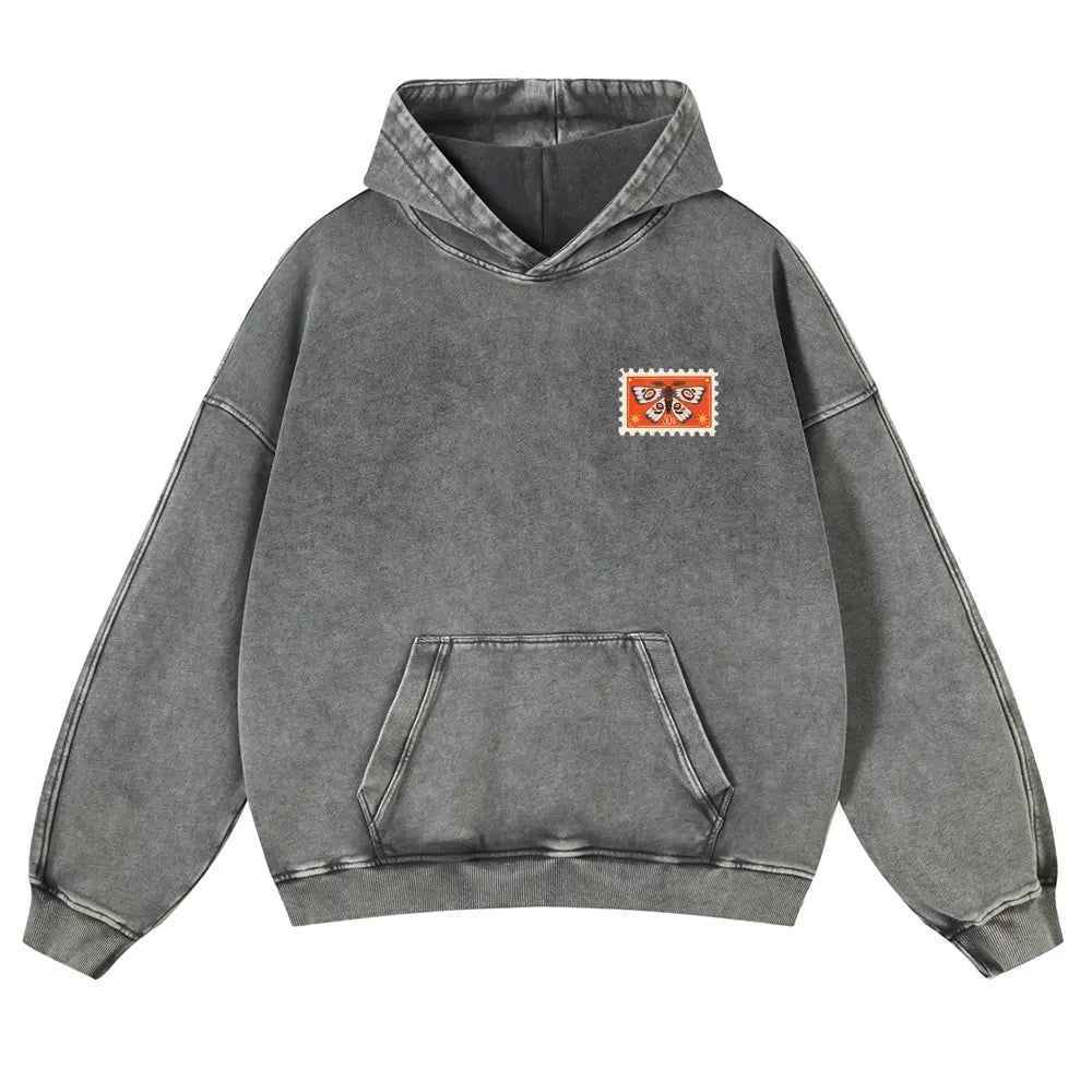 Unisex 380g Washed Brown Vintage Insect Stamp Print Cotton Pullover Hoodie - Soft, Oversize, Casual Longsleeves Tops, Vintage Clothing, 3XL Menswear Autumn Apparel, Cold Wash Compatible - View 6
