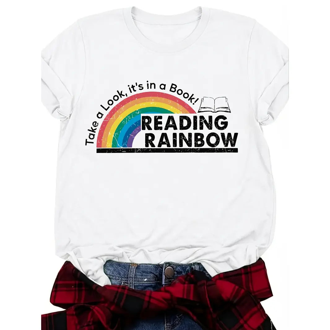 Women's Fitted Cotton Crew Neck Short-Sleeve Rainbow Tee - Soft Breathable Casual Summer Top with Vibrant Print, Vivid HD Print, Retro Style for Reading Lovers, Valentine's Day Party Streetwear - View 2