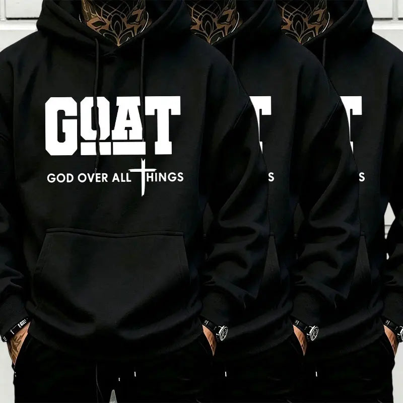 Men’s Stylish Black Hooded Sweatshirt (1 Piece) - Menswear Top, Goat-Inspired Letter Print, Plain Basics, Drop Shoulder Relaxed Fit, Drawstring Hood, Front Kangaroo Pocket, Soft Fabric, American Trend Long-Sleeve Pullover, Joggers Compatible - View 16