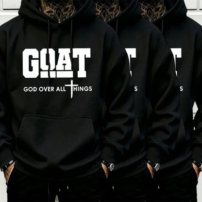 Men’s Stylish Black Hooded Sweatshirt (1 Piece) - Menswear Top, Goat-Inspired Letter Print, Plain Basics, Drop Shoulder Relaxed Fit, Drawstring Hood, Front Kangaroo Pocket, Soft Fabric, American Trend Long-Sleeve Pullover, Joggers Compatible - View 16