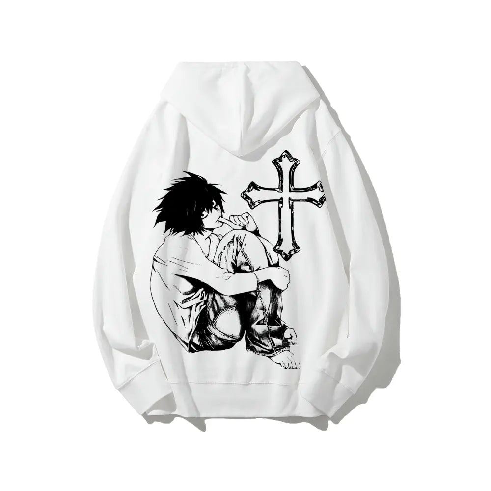 Men's Retro Classic Death Note L Graphic Hoodie - Soft Cotton Tops, Unisex Fashion Casual Anime Streetwear, Oversized Breathable Sweatshirts, Birthday Gift, Graphic Hoodies - View 1