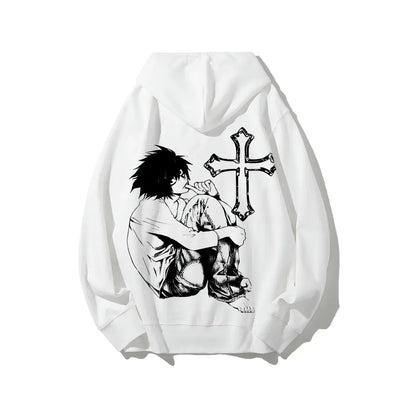Men's Retro Classic Death Note L Graphic Hoodie - Soft Cotton Tops, Unisex Fashion Casual Anime Streetwear, Oversized Breathable Sweatshirts, Birthday Gift, Graphic Hoodies - View 1