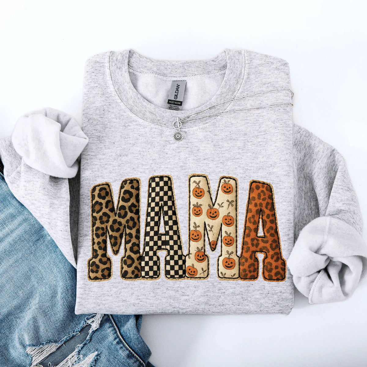 Mama, Printed Halloween Pattern, Leopard Print, Checkered, Pumpkin Sweatshirt, Spooky, Witch, Pumpkin, Halloween, Crew Neck, Women's, Crewneck - View 4