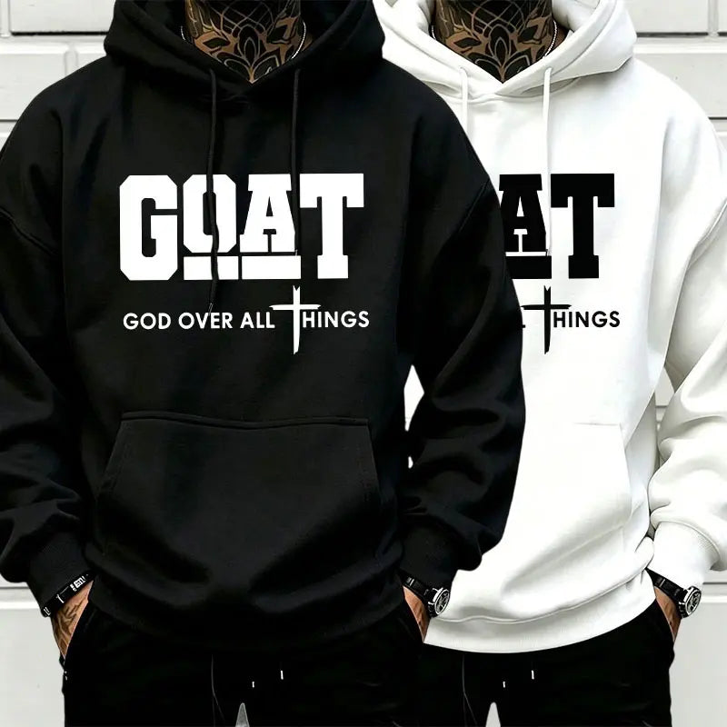Men’s Stylish Black Hooded Sweatshirt (1 Piece) - Menswear Top, Goat-Inspired Letter Print, Plain Basics, Drop Shoulder Relaxed Fit, Drawstring Hood, Front Kangaroo Pocket, Soft Fabric, American Trend Long-Sleeve Pullover, Joggers Compatible - View 5