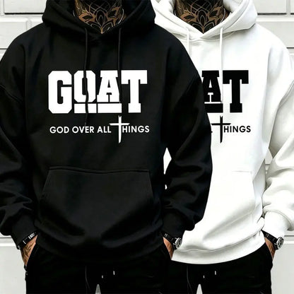 Men’s Stylish Black Hooded Sweatshirt (1 Piece) - Menswear Top, Goat-Inspired Letter Print, Plain Basics, Drop Shoulder Relaxed Fit, Drawstring Hood, Front Kangaroo Pocket, Soft Fabric, American Trend Long-Sleeve Pullover, Joggers Compatible - View 5