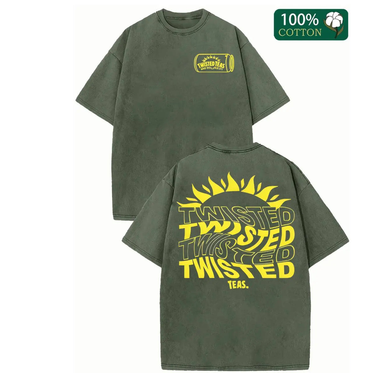 Vintage-Inspired Twisted Tea Cotton Short-Sleeve Tshirt - ,Double-Sided Print, Drop Shoulder Sleeves, 230g Thick High-Quality Fabric, Round Neck, Casual Streetwear Top - View 14