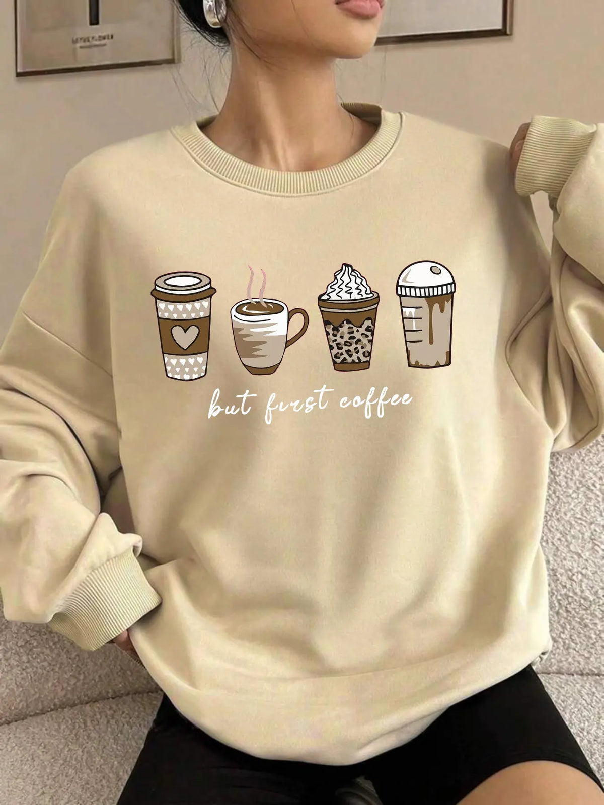 Women's Cartoon Coffee & Cup Print Drop Shoulder Round Neckline Sweatshirt, Casual Long-sleeve Pullover for Spring & Fall, Women's Clothes for Daily Wear - View 3