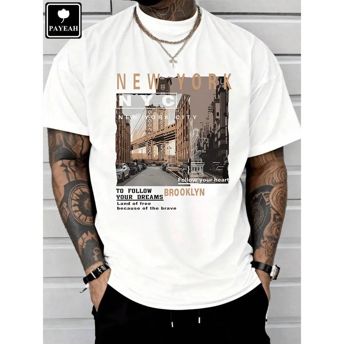 Men's Retro Brooklyn Cotton Graphic Tee - Casual Streetwear Crewneck Short-Sleeve Top, Regular Fit, Urban Daily Wear, All Season, Juneteenth Vintage Print, Ideal for Summer Outfits, Menswear Veterans Day Apparel - View 3