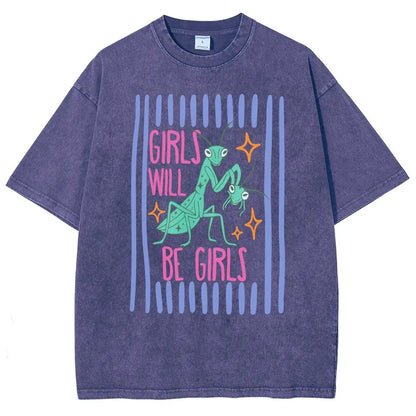 Men's Cotton Casual Unisex Menswear Top - Fitted Round Neck Washed Funny T-Shirt, Girls Will Be Girls Mantis Cartoon Print, Feminist Bug Design, Gift for Insect Lovers - View 2