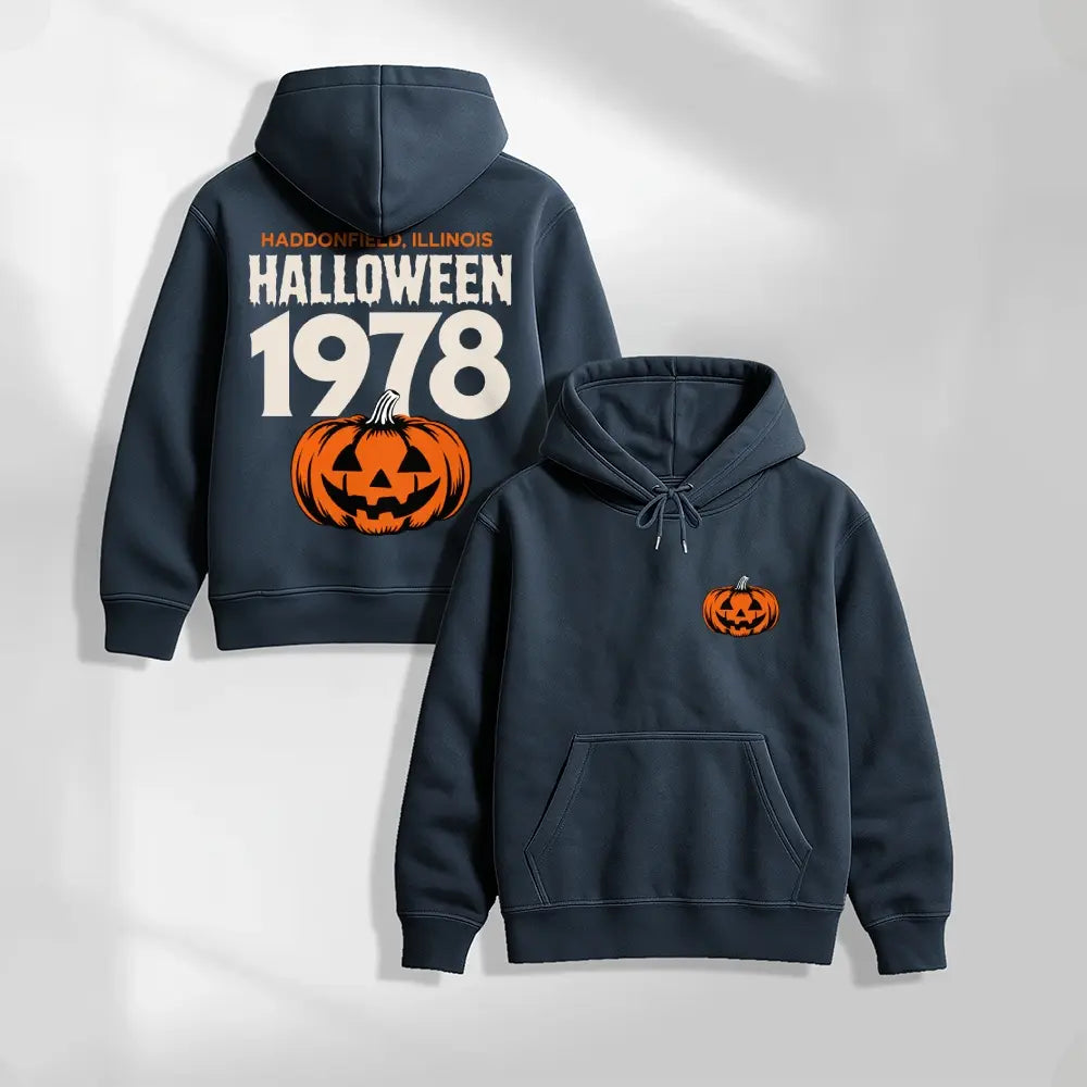 Unisex Vintage Halloween Pumpkin Graphic Hoodie, 1978 Spooky Front and Back Print Pullover Sweatshirt, Casual Oversized Long Sleeve Streetwear Hoodie for Halloween Party, Fall and Daily Wear - View 4