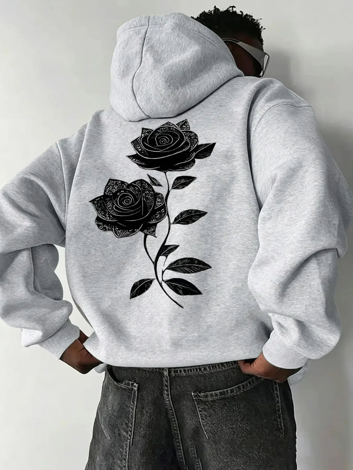 Oversized Drawstring Hoodie with Pocket, Dual Vintage Black Rose Line-Art Prints on the Chest and Back, Soft Long-Sleeve Gothic Streetwear Sweatshirt #RosePrintHoodie #GothicStreetwear #DarkAestheticTop #DualPrintHoodie - View 5