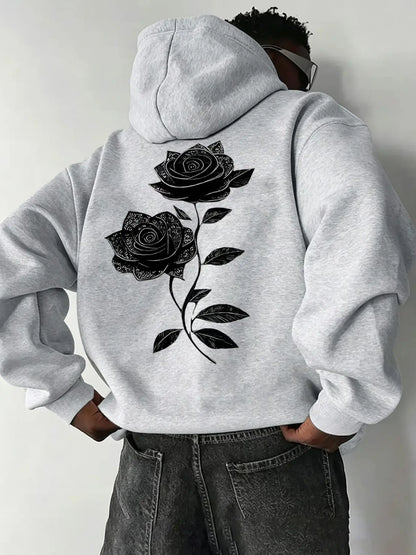 Oversized Drawstring Hoodie with Pocket, Dual Vintage Black Rose Line-Art Prints on the Chest and Back, Soft Long-Sleeve Gothic Streetwear Sweatshirt #RosePrintHoodie #GothicStreetwear #DarkAestheticTop #DualPrintHoodie - View 5