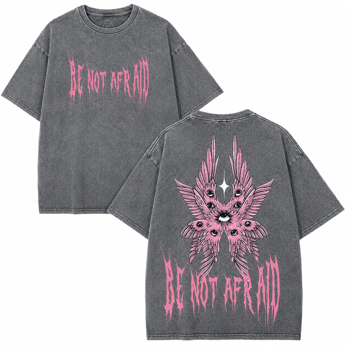 Back to School Men's Gothic Unisex Short-Sleeve 100% Cotton T-Shirt, 'Be Not Afraid' Printed Wings, Loose Distressed Baggy Oversized Casual Menswear, Alt Clothes Retro Streetwear Top, Whimsical Festive Father's Day Pick, Tshirt, Shortsleeve - View 14