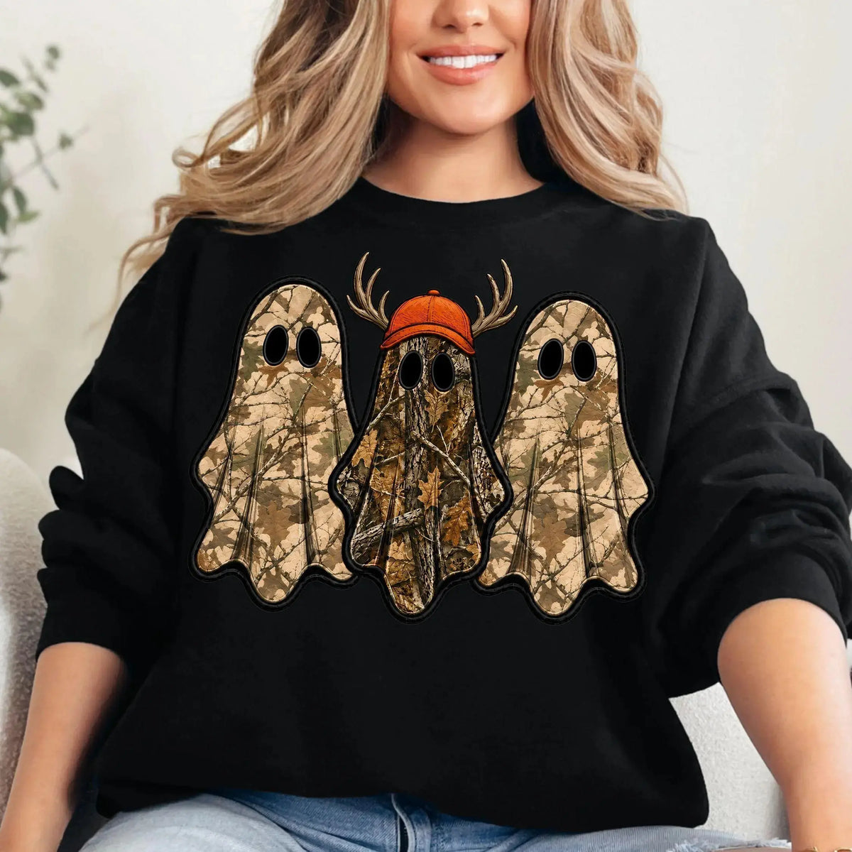 Retro Ghost Hunting Halloween Sweatshirt, Spooky Camo Graphic Pullover Vintage Ghost Hunter Crewneck Fall Fleece Top Cute Halloween Gift for Women - View 12