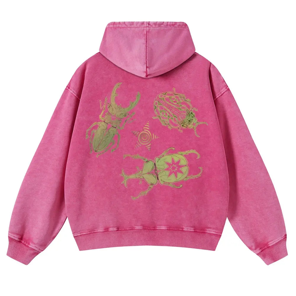 Men's Vintage Washed Oversized Long Sleeve Hoodie - Thick Cotton Blend Psychedelic Beetle Graphic Pullover, Plus Size Vintage Casual Streetwear Clothing for Jeans Pairing - View 4