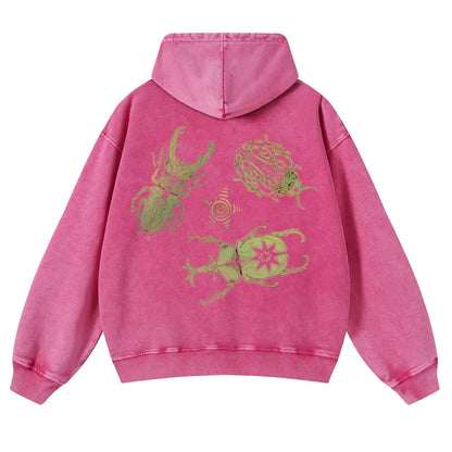 Men's Vintage Washed Oversized Long Sleeve Hoodie - Thick Cotton Blend Psychedelic Beetle Graphic Pullover, Plus Size Vintage Casual Streetwear Clothing for Jeans Pairing - View 4