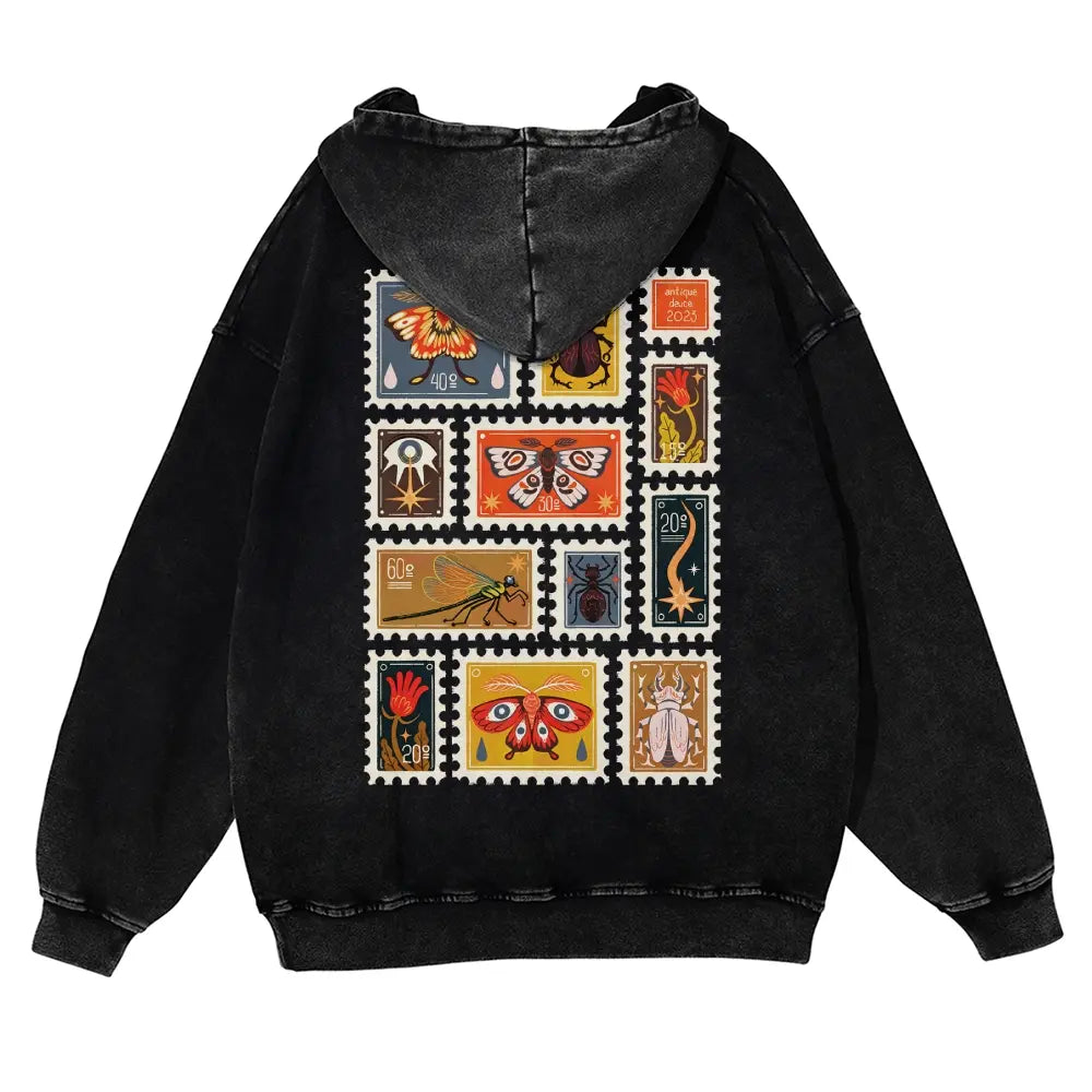 Unisex 380g Washed Brown Vintage Insect Stamp Print Cotton Pullover Hoodie - Soft, Oversize, Casual Longsleeves Tops, Vintage Clothing, 3XL Menswear Autumn Apparel, Cold Wash Compatible - View 2