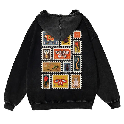 Unisex 380g Washed Brown Vintage Insect Stamp Print Cotton Pullover Hoodie - Soft, Oversize, Casual Longsleeves Tops, Vintage Clothing, 3XL Menswear Autumn Apparel, Cold Wash Compatible - View 2